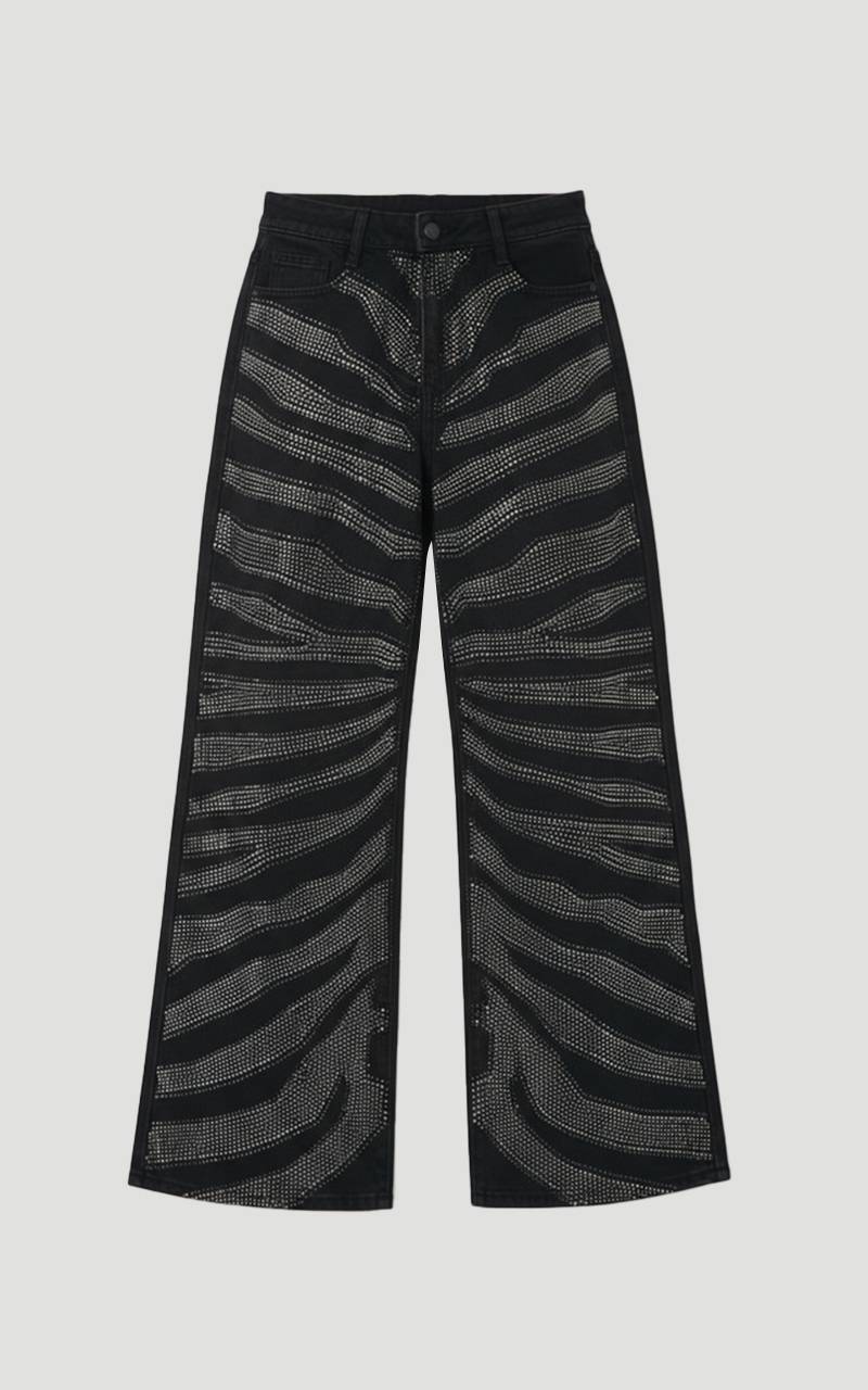 KarenMillen Jean Large à Imprimé Zèbre en Denim avec Strass Thermocollés
