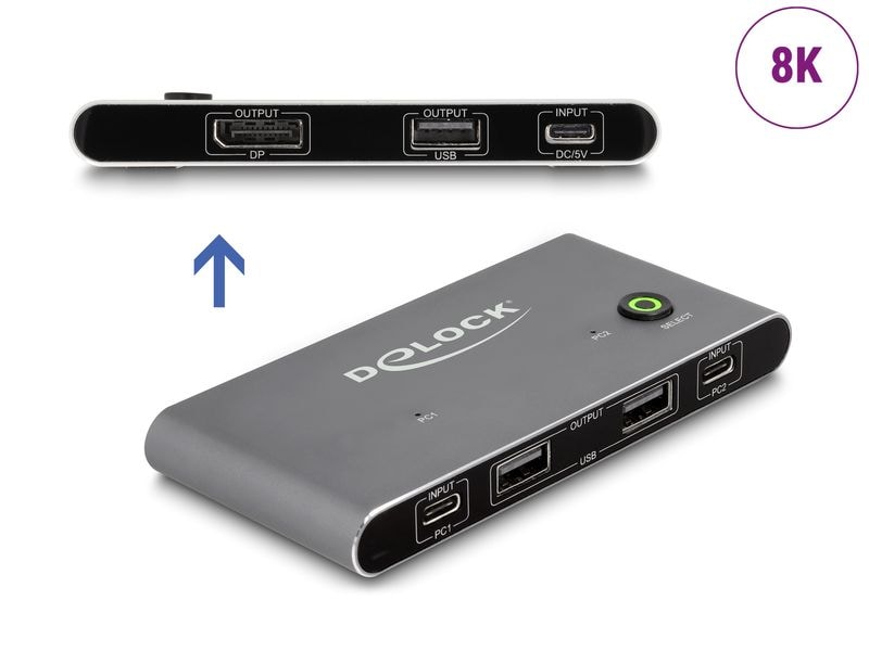 Delock KVM Switch USB-C zu DisplayPort 8K 30 Hz mit USB 2.0 Delock USB-C KVM Switch zu DisplayPort 8K 30 Hz mit USB 2.0