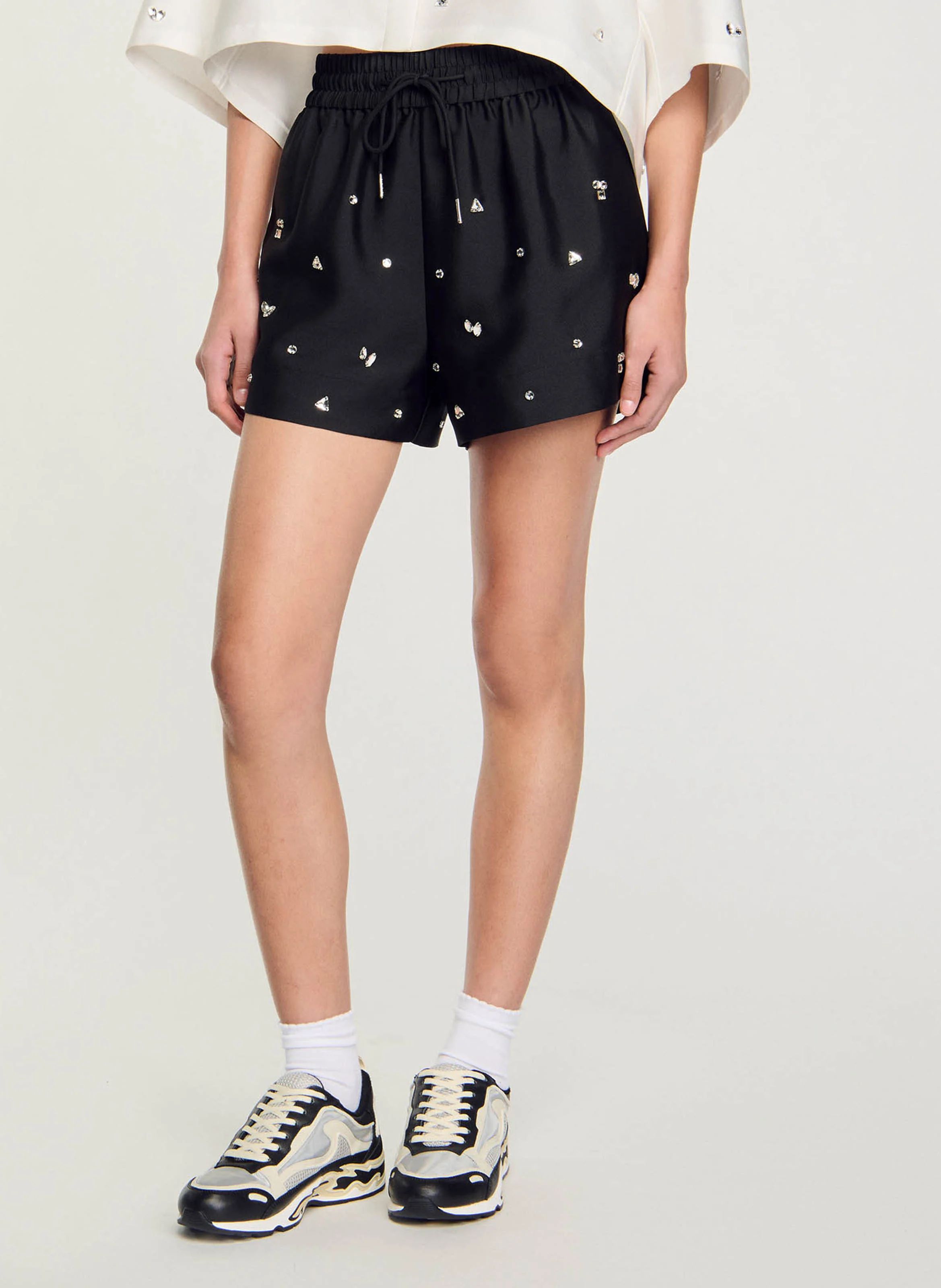Short taille haute à strass | Noir
