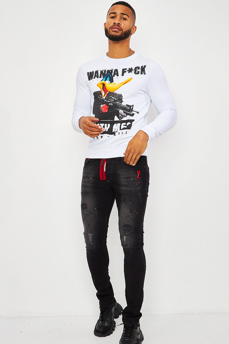 Sweat blanc illustré avec strass 