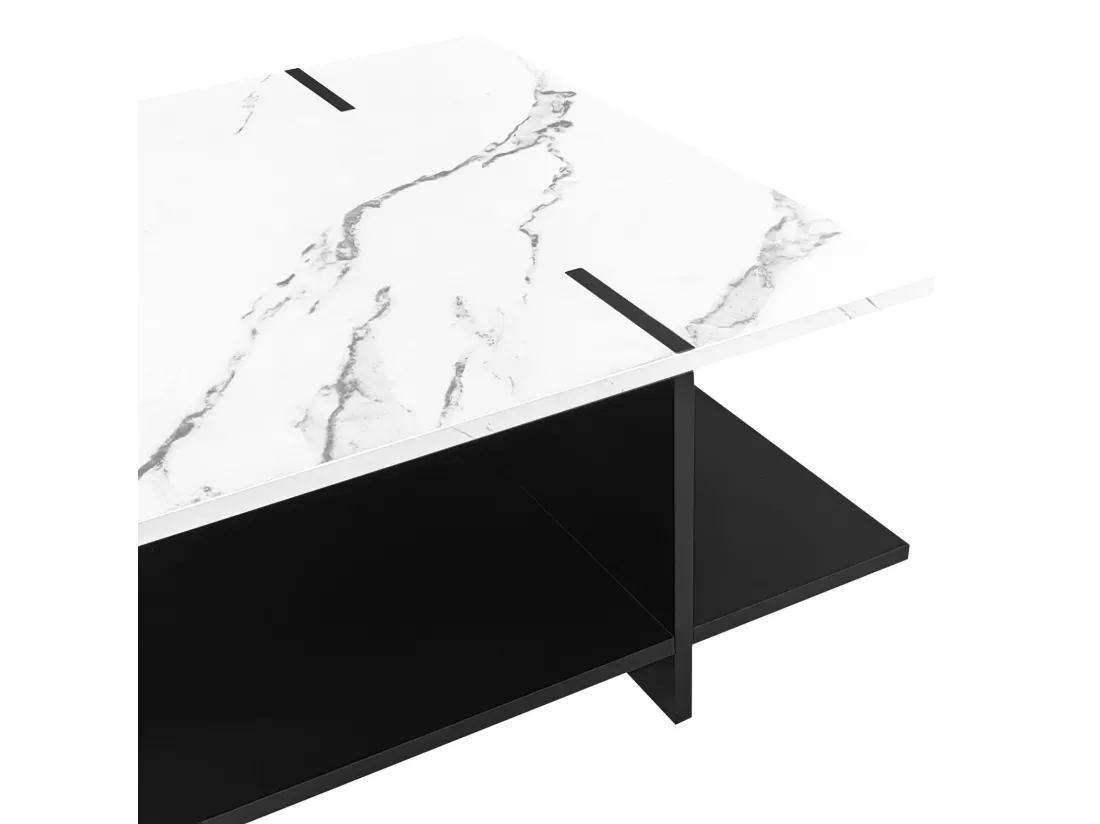 Table basse carrée, look en marbre en MDF, 72x72x31.5cm, Noir+Blanc