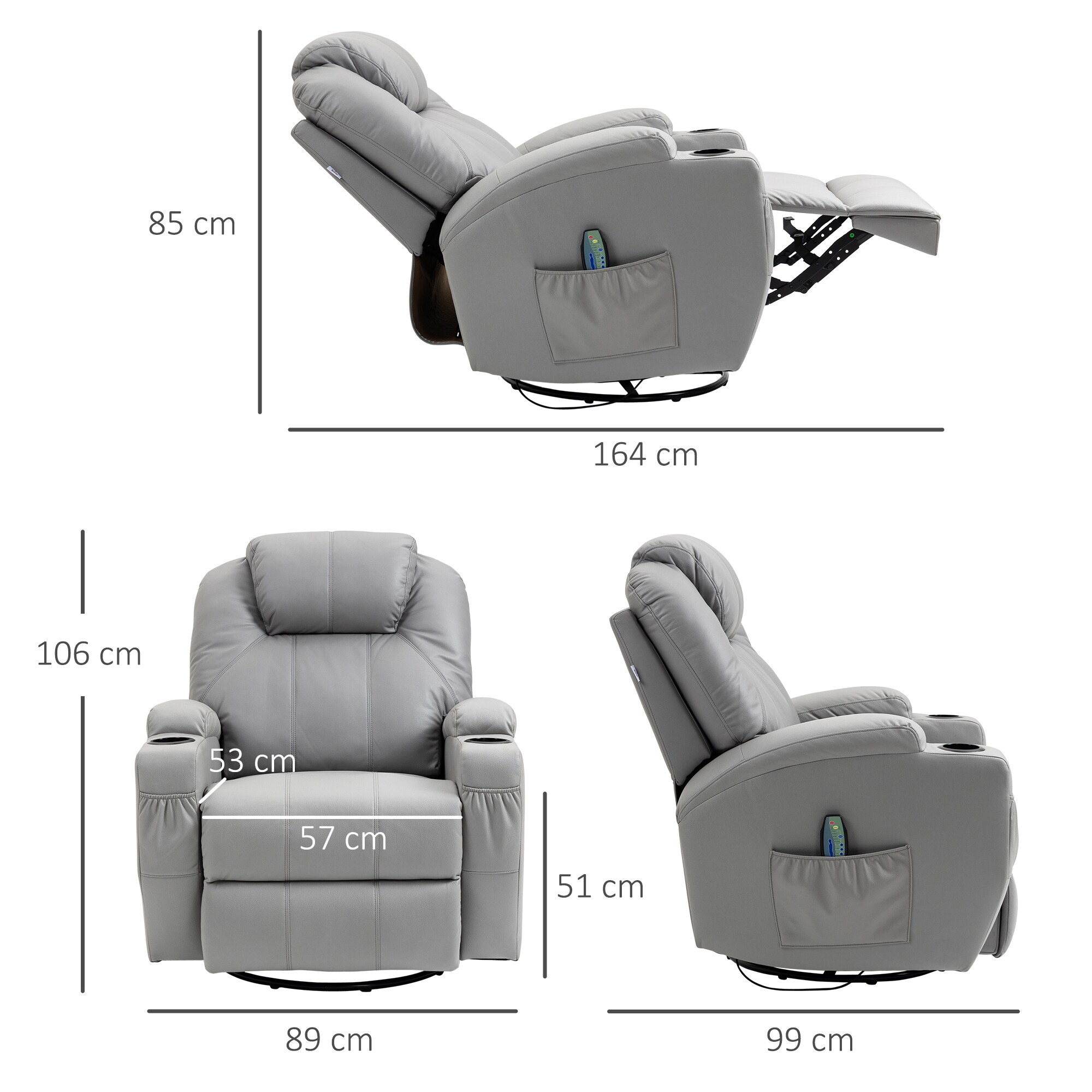 HOMCOM Massagesessel mit Fernbedienung und Getränkehalter grau 89L x 99B x 106H cm