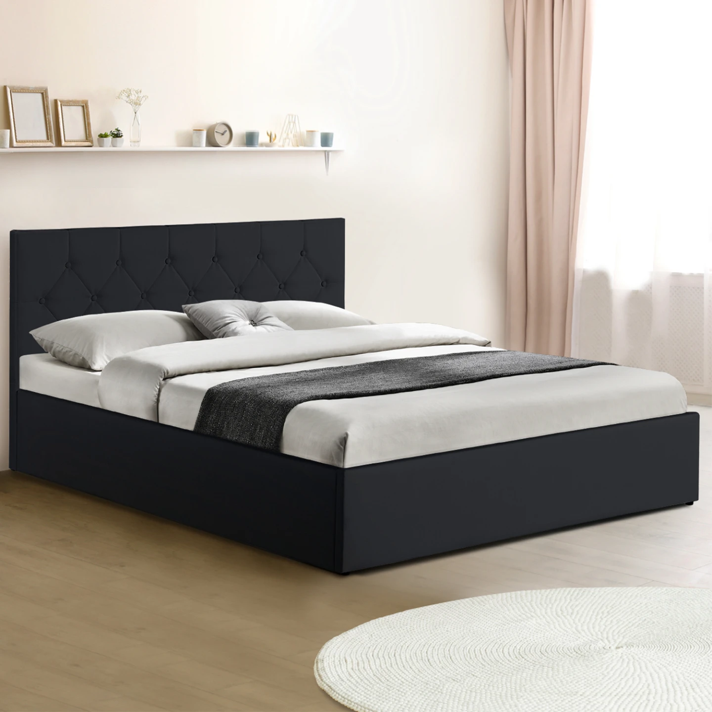 Lit coffre double AUSTIN avec tête de lit et sommier 140 x 190 cm PVC noir