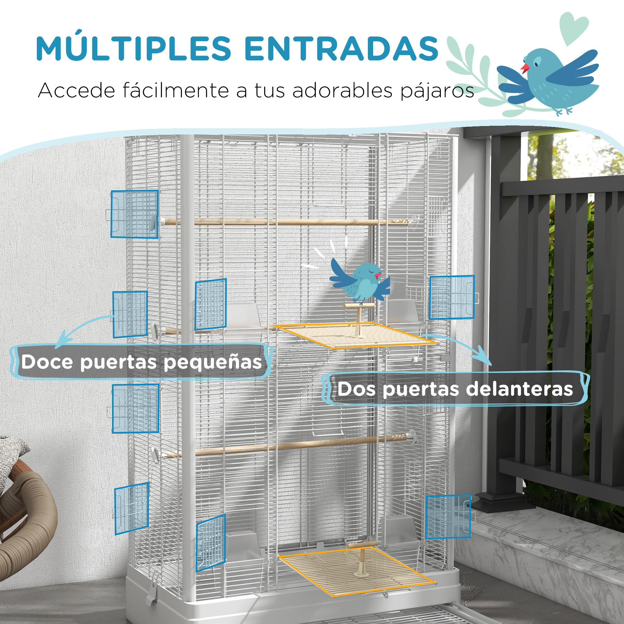 Gaiola PawHut para pássaros, 61x36,5x98 cm, com portas, poleiros, bandeja removível, comedouros e alças. Ideal para calopsitas, periquitos, canários e canários. Cor branca.