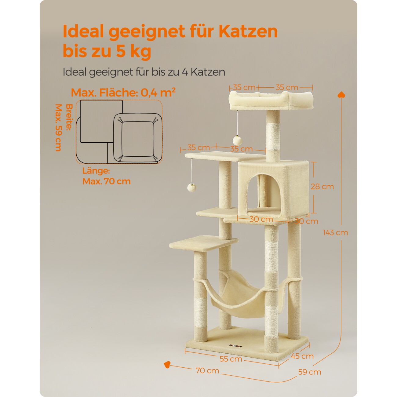 FEANDREA L Kratzbaum mit Hängematte und 1 Höhle 143 cm beige