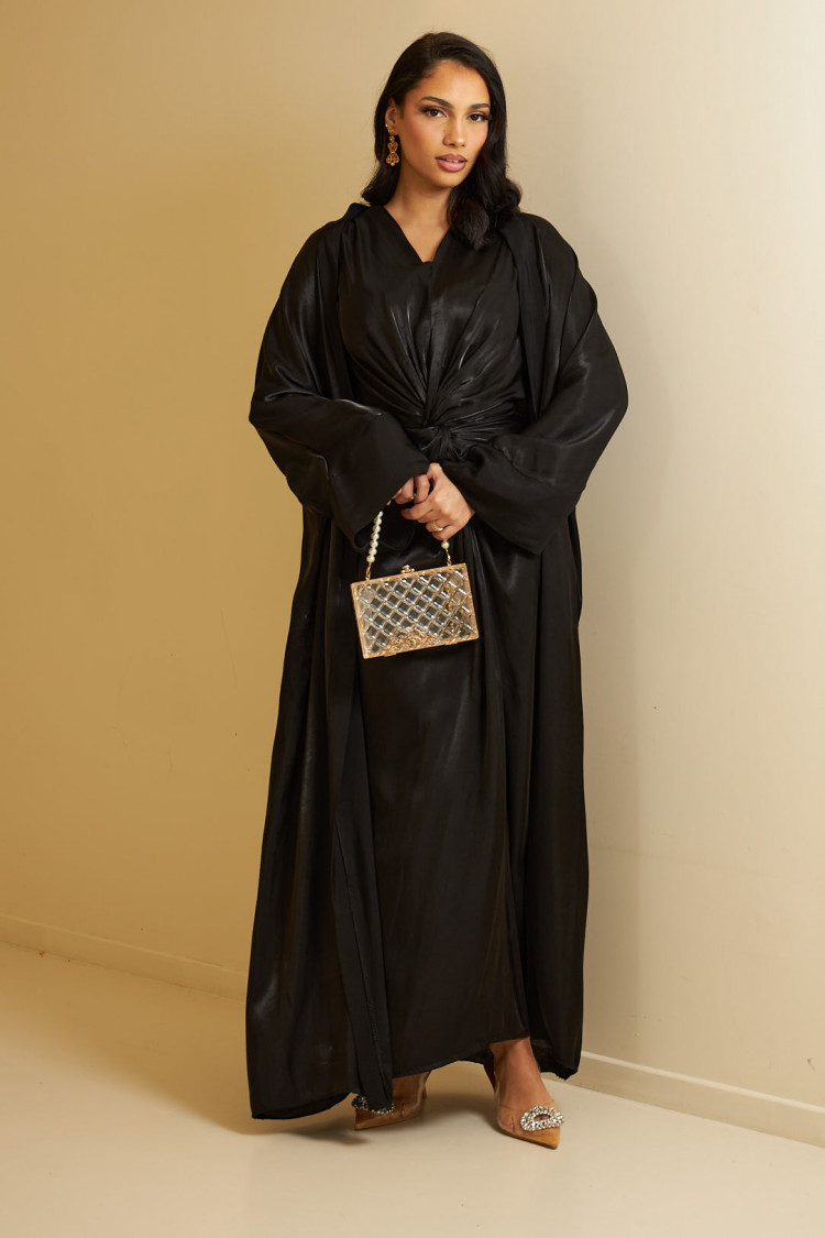 Ensemble 2 pièces abaya + gilet noire satinée