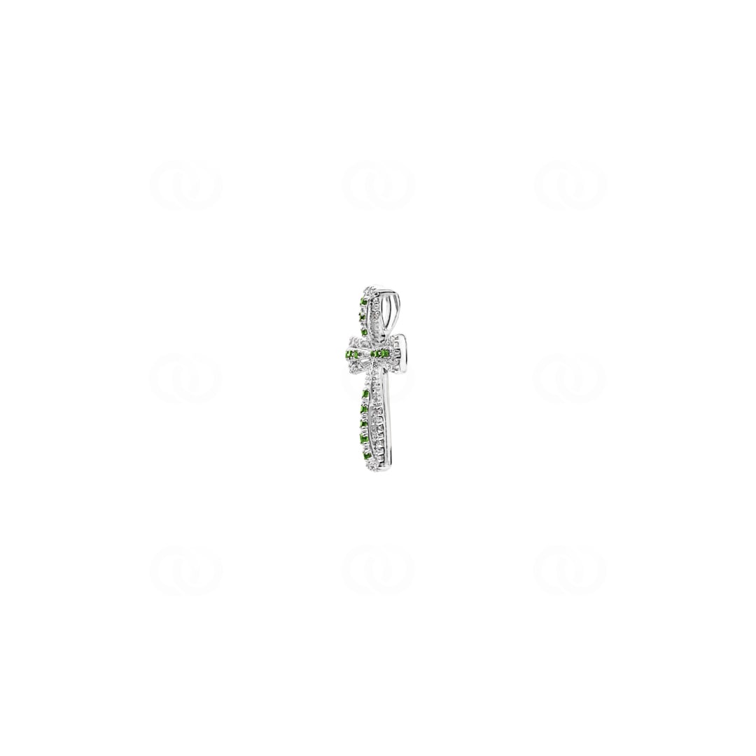 Kreuzanhänger 750/18 K Weissgold mit grünen Granaten & Diamanten 0.08 ct H/si