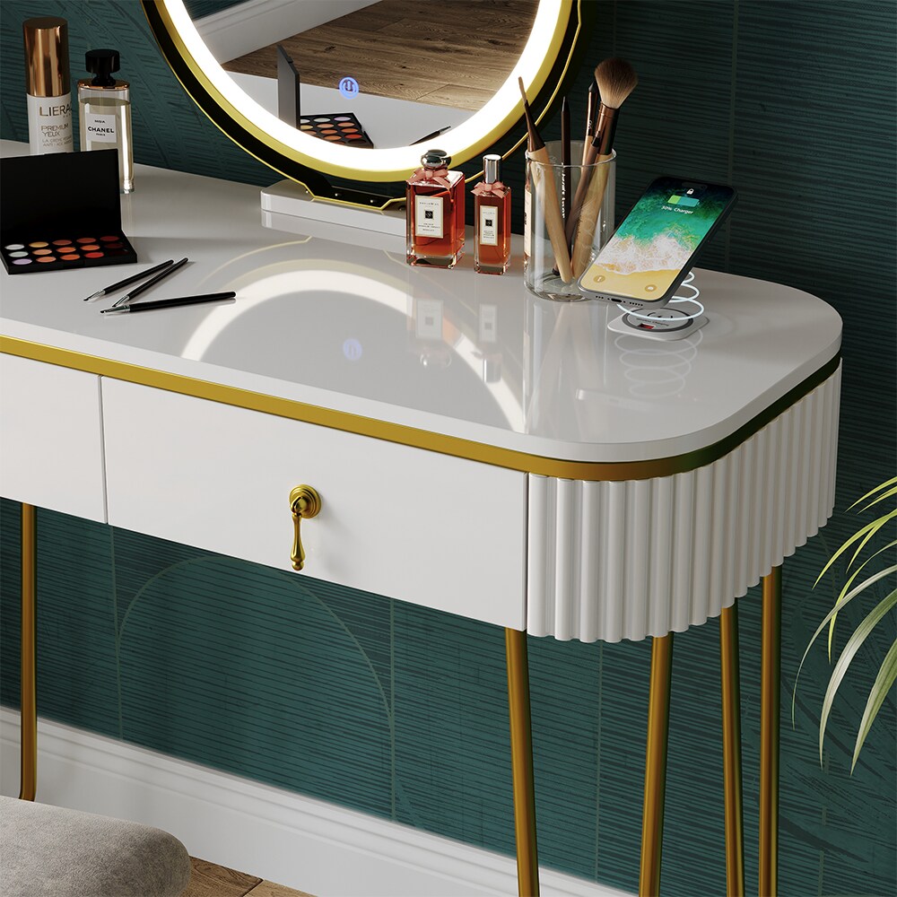 Vicco Schminktisch Grace Weiß 100 cm LED-Spiegel QI-Ladestation Hocker