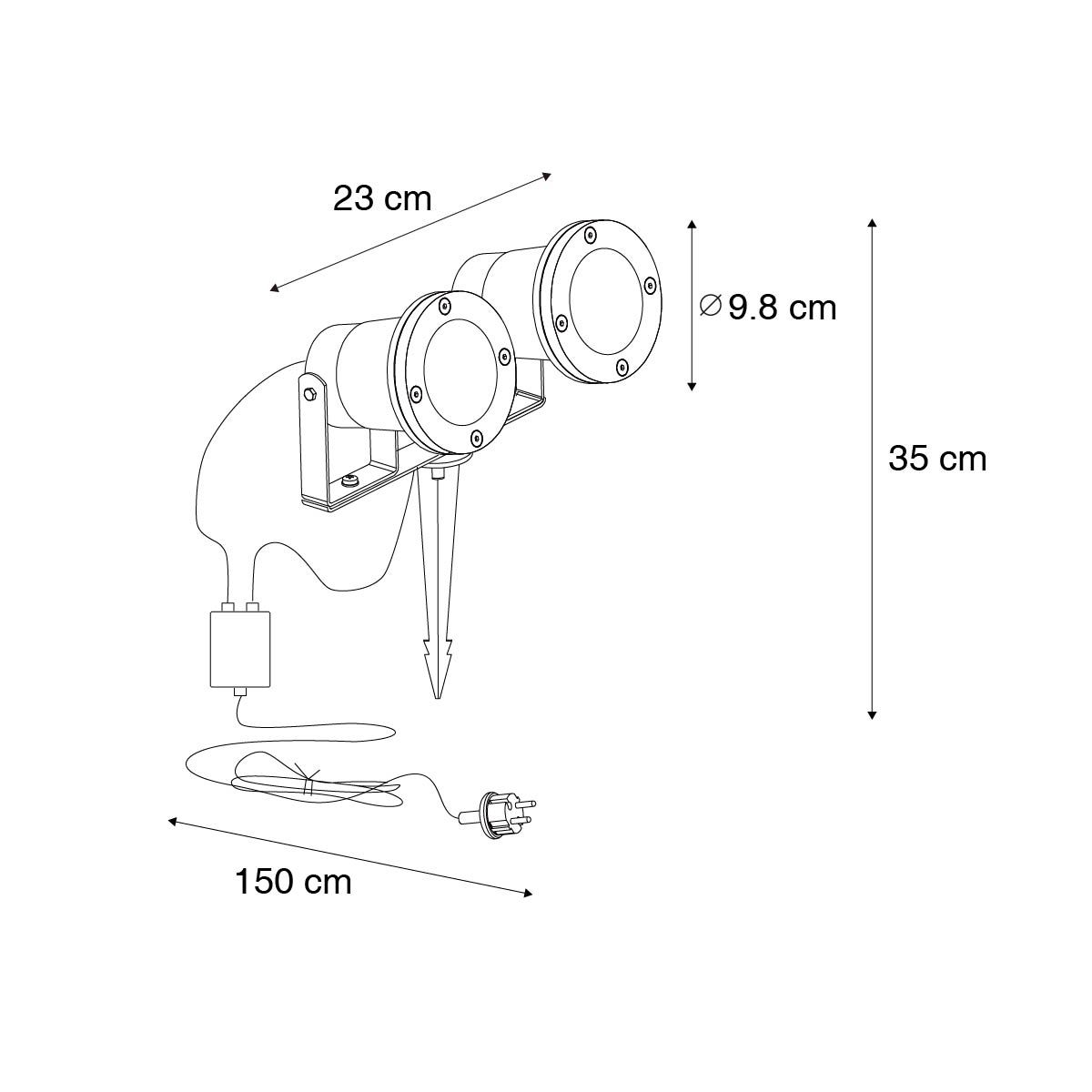 Tuinspot zwart incl. snoer en stekker 2-lichts IP65 - Basic