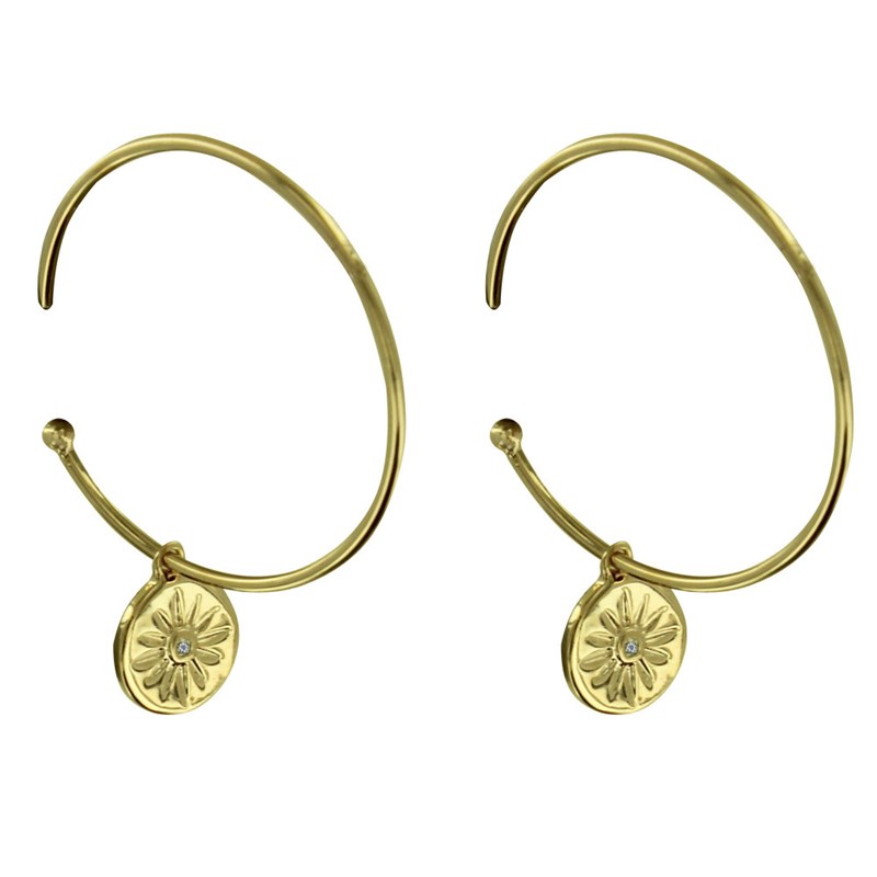 Boucles d'Oreilles Plaqué Or Demi Créoles Médaille Ronde Soleil et Strass