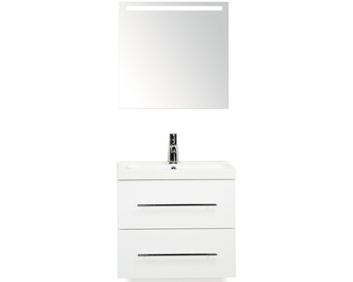 Sanox Rechte badkamermeubelset (B x H x D 60 x 170 x 40 cm), hoogglans witte fronten, met witte gegoten mineraalwastafel en badmeubel, wastafelspiegel met LED-verlichting