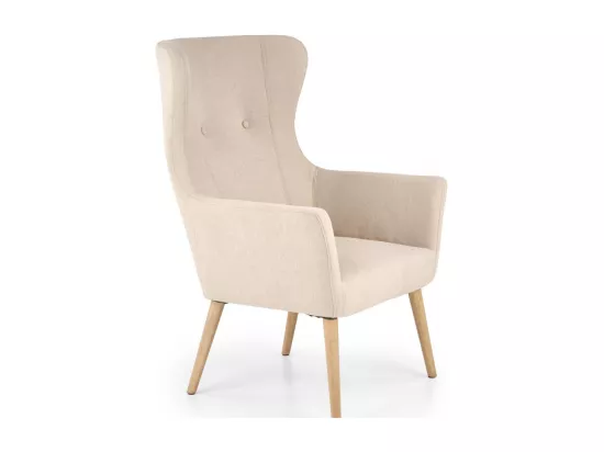 Fauteuil rembourré en tissu beige avec dossier haut et pieds en bois de caoutchouc WISH