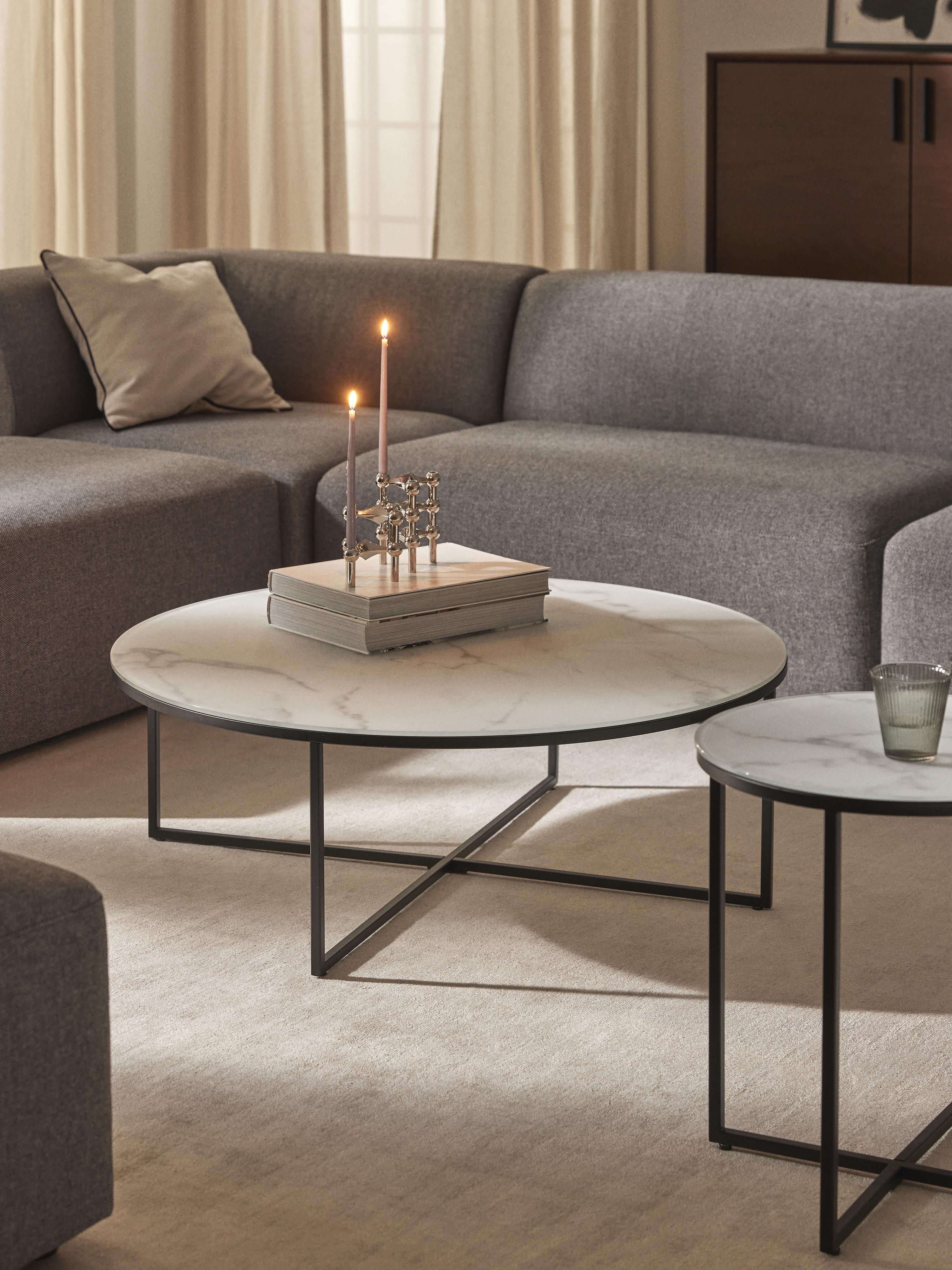 Ronde XL-salontafel Antigua met glazen tafelblad in marmerlook