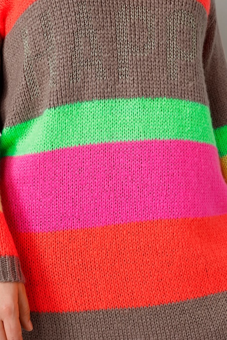 Long-Pullover, oversized, Blockstreifen, Glitzer-Schriftzug, V-Ausschnitt
