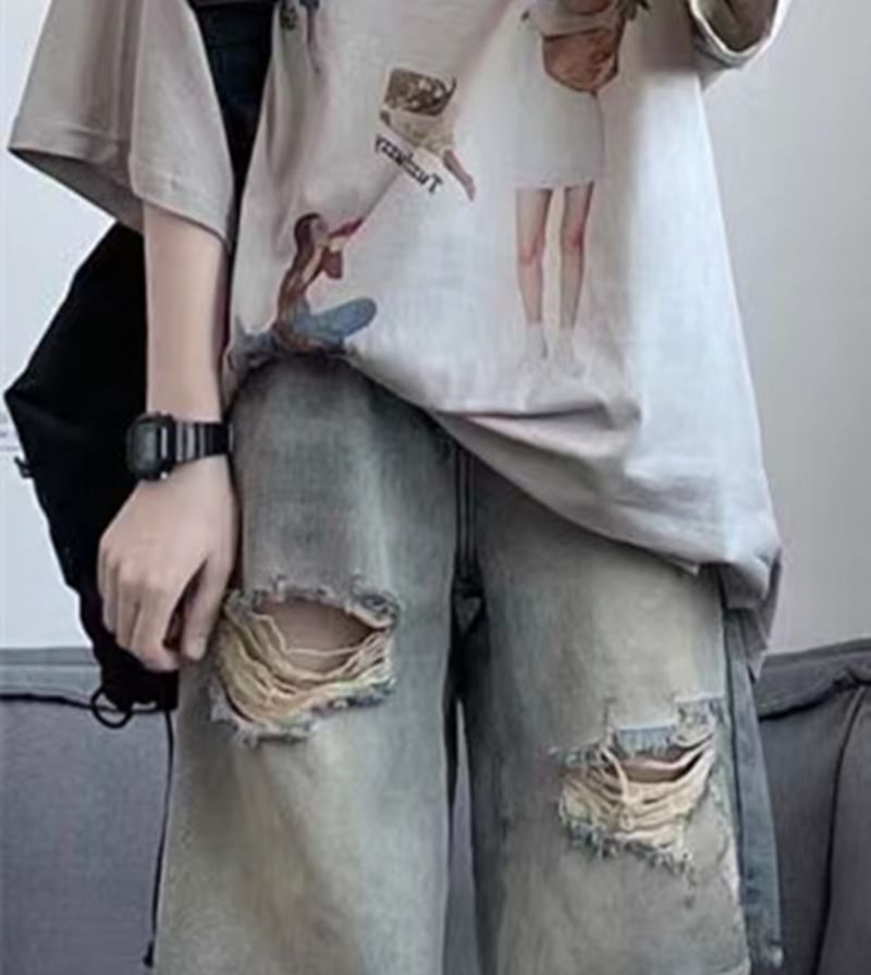Girliepairs - Hoge taille, gewassen, gerafelde, versleten, wijde denim shorts
