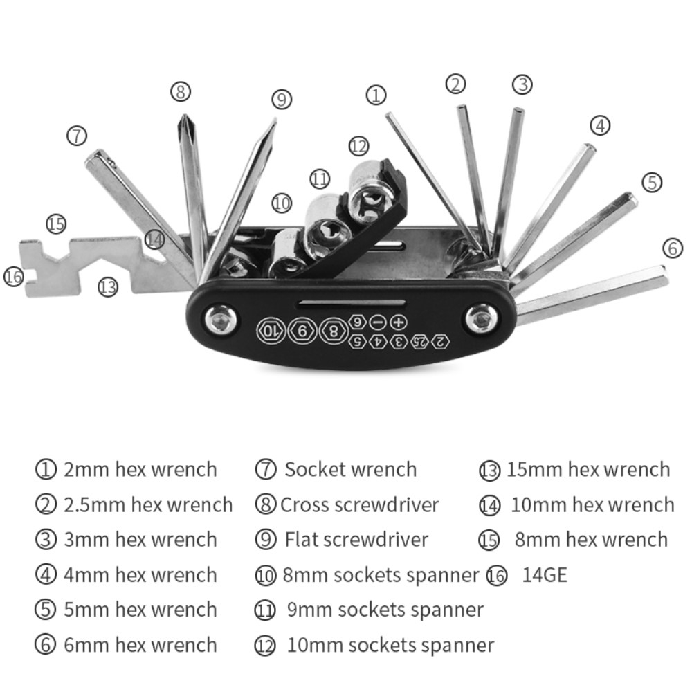 16in1 Velo Fahrrad Werkzeug Kit Multitool Reparaturset Schraubendreher - Schwarz / Silber