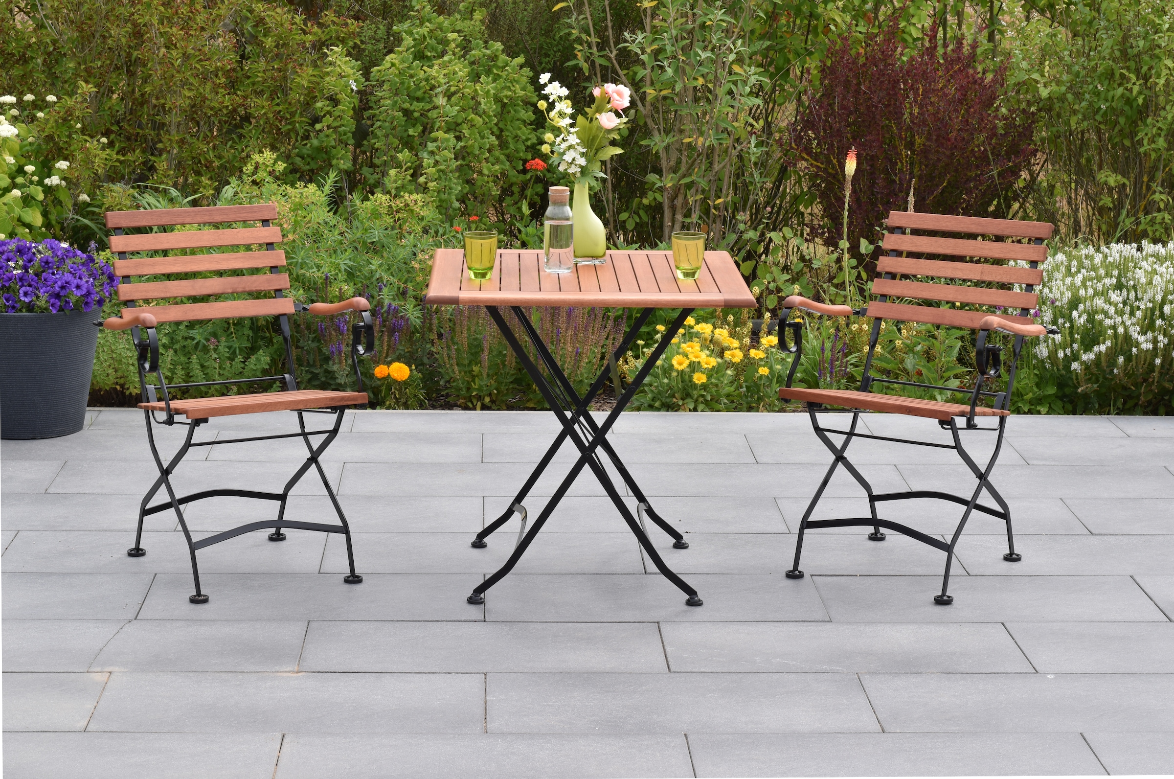 MERXX Garten-Essgruppe »»Schlossgarten«« Set, Geöltes Eukalyptusholz, 3 Stk. tlg. Tisch klappbar: LxB: 75x75 cm