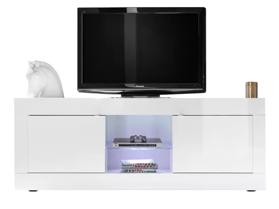 Meuble TV COMETE - LEDs - 2 portes - Blanc laqué