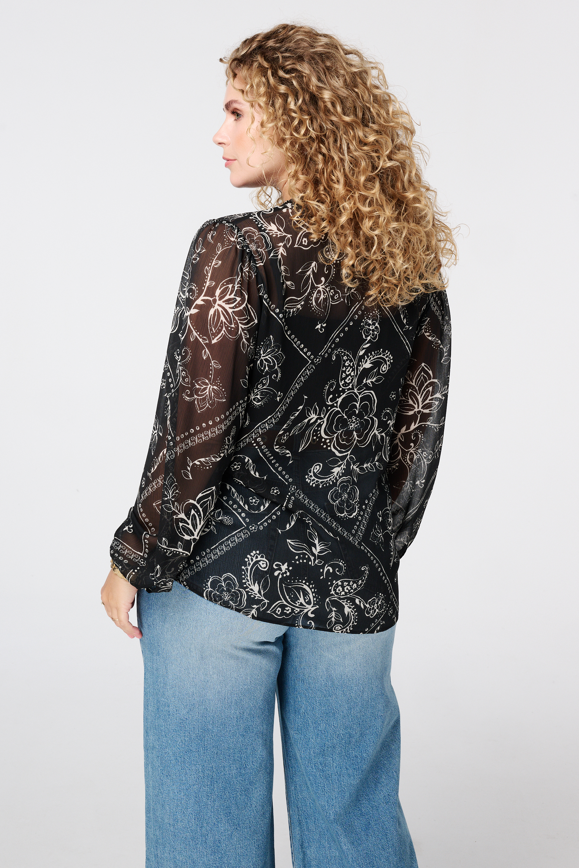 Sheer blouse met print Multi zwart-wit