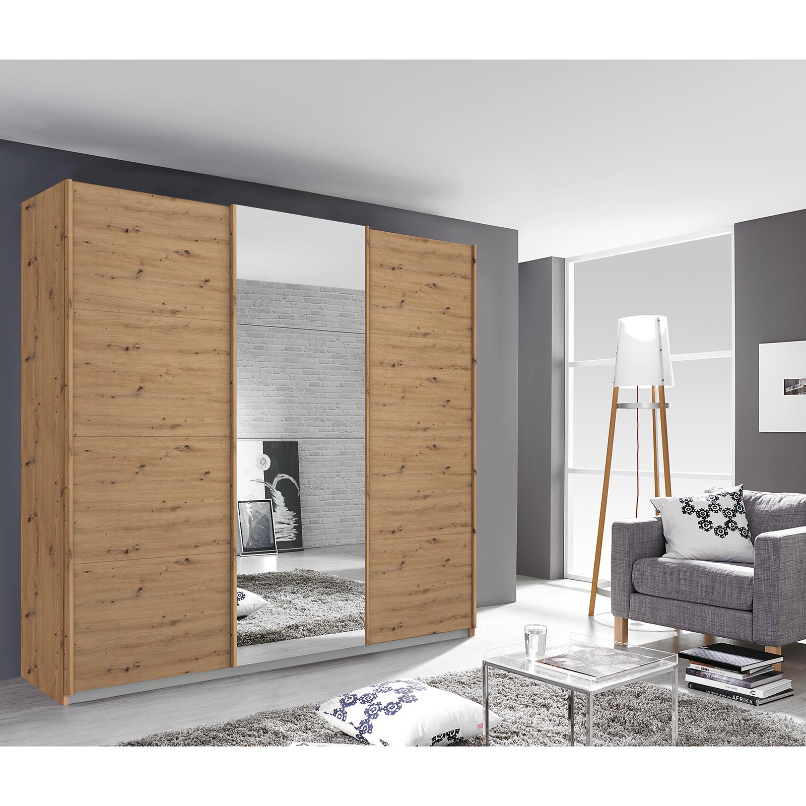 Schwebetürenschrank - Eiche Artisan - mit Spiegel - 203x210 cm