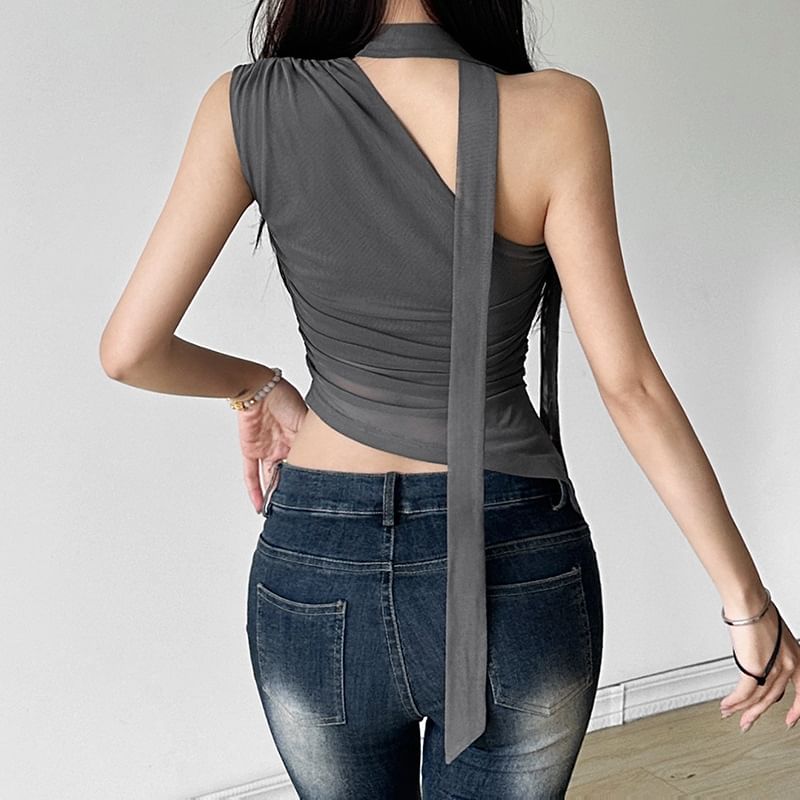 Bulgaris - Tanktop met één schouder, sjaalkraag, effen, doorschijnend, asymmetrische zoom en slim-fit pasvorm