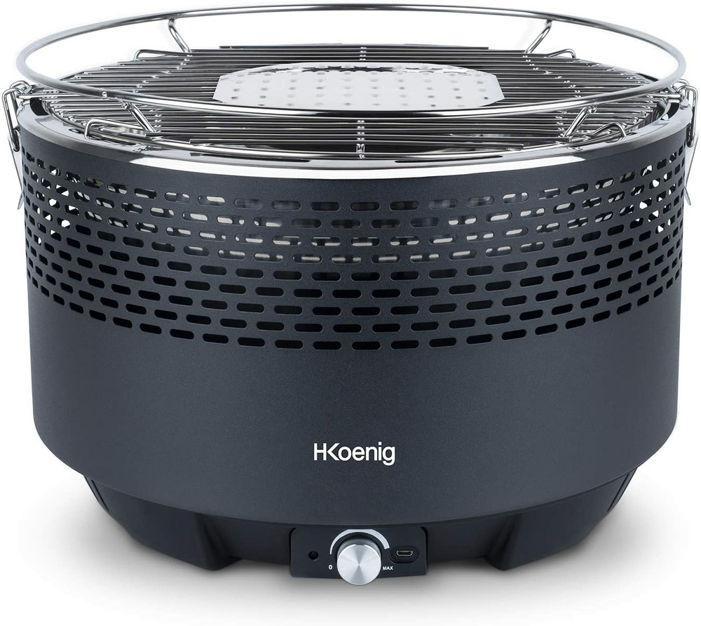 H.koenig rio440 barbecue portable au charbon de bois, barbecue de table rond, vitesse réglable,grille en acier inoxydable,sans fumée