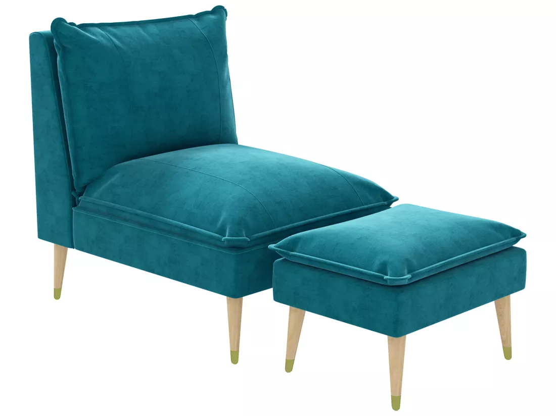Fauteuil design scandinave grand confort - repose-pied inclus - piètement effilé incliné bois hévéa velours turquoise