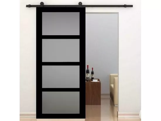 Porte Coulissante Telia Noir Vitrée H204 X L73 + Rail à Roulettes Et 2 Coquilles Gd Menuiseries