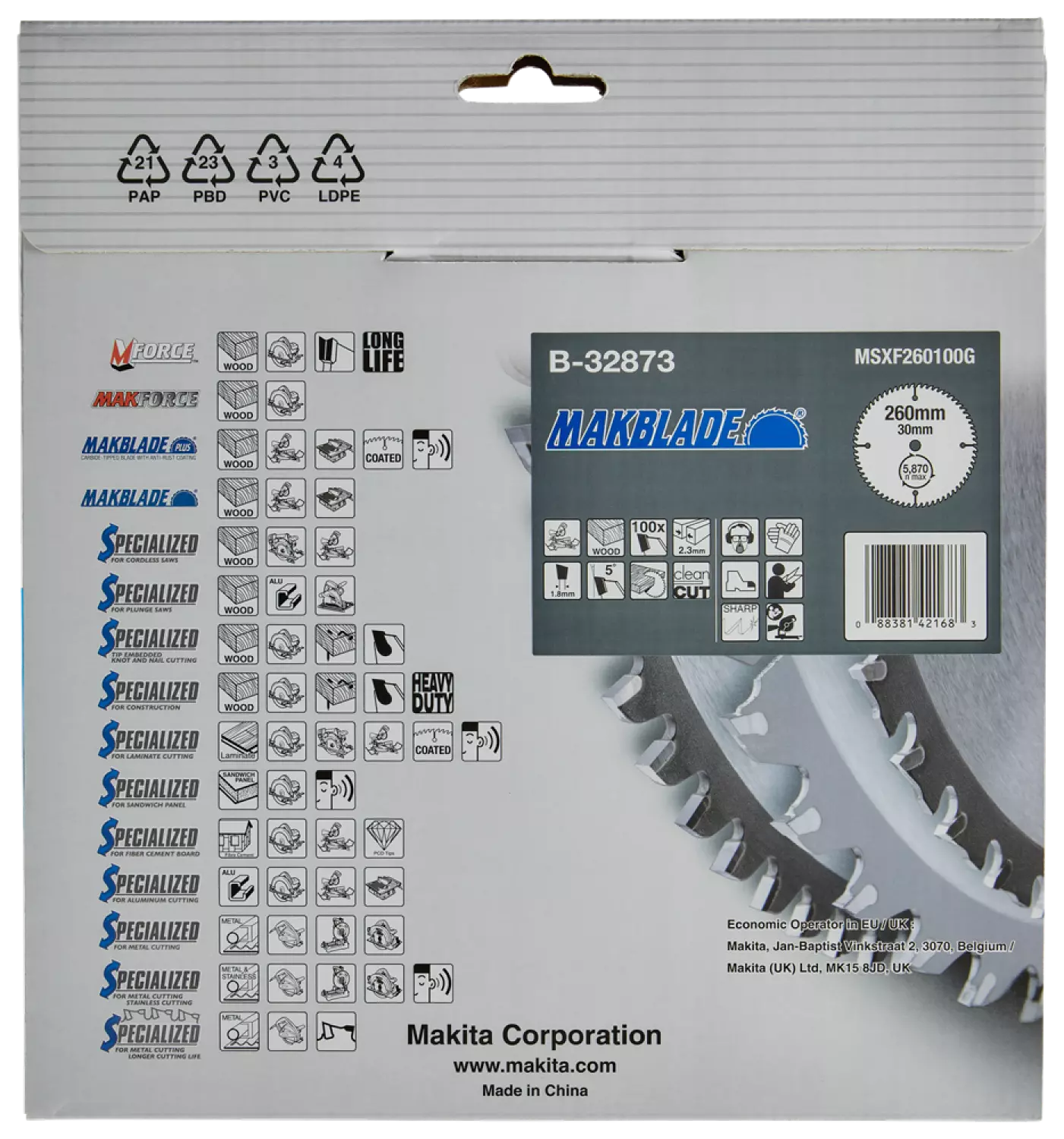 Makita B-32873 Makblade Afkortzaagblad - 260x30x2,3 - 100T - Hout
