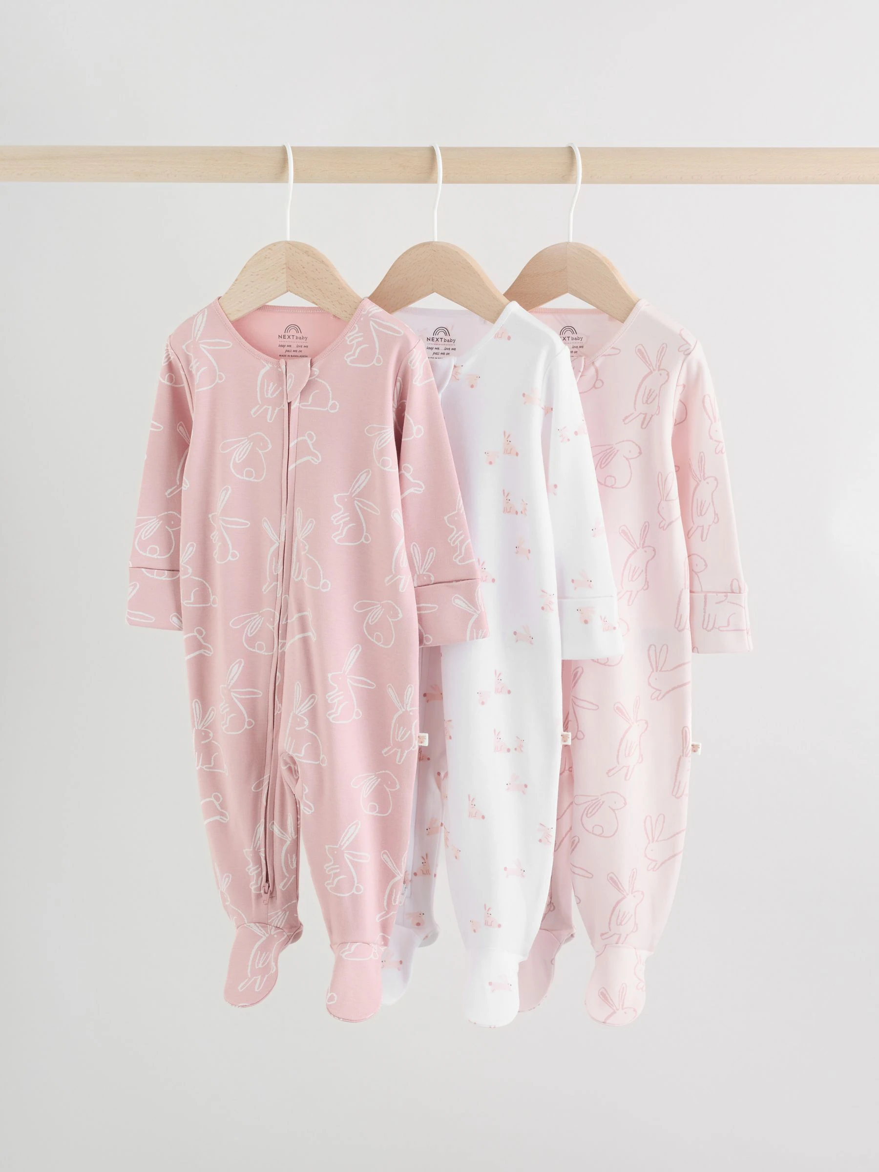Roze met konijnen - Verpakking van 3 babyslaappakjes met tweewegrits (0 mnd - 2 jr)