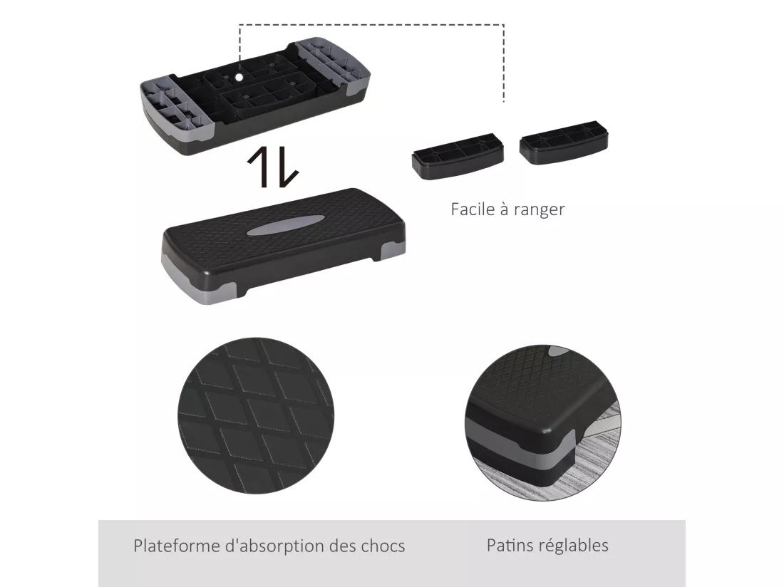 Stepper Fitness Aerobic hauteur reglable surface antiderapante dim. 68L x 29l x 10-15H cm plastique gris noir