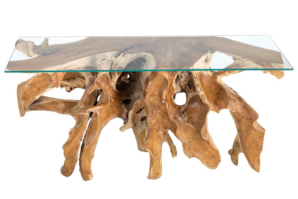 Massiver Konsolentisch ROOT 150cm natur Teak Massivholz aus Wurzelholz Glasplatte