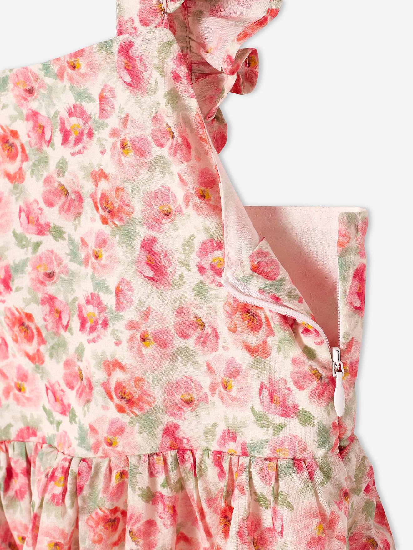 Vestido de festa com flores e alças com babados, estampa branca clara.