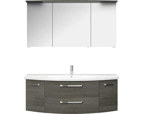 3-delige badkamermeubelset Pelipal xpressline 4010 BxHxD 144 x 200 x 49,5 cm, fronten in grafietstructuur (horizontaal patroon), met witte keramische wastafel en keramische badmeubel, wastafelkast, spiegelkast met LED-verlichting, chromen grepen, 401