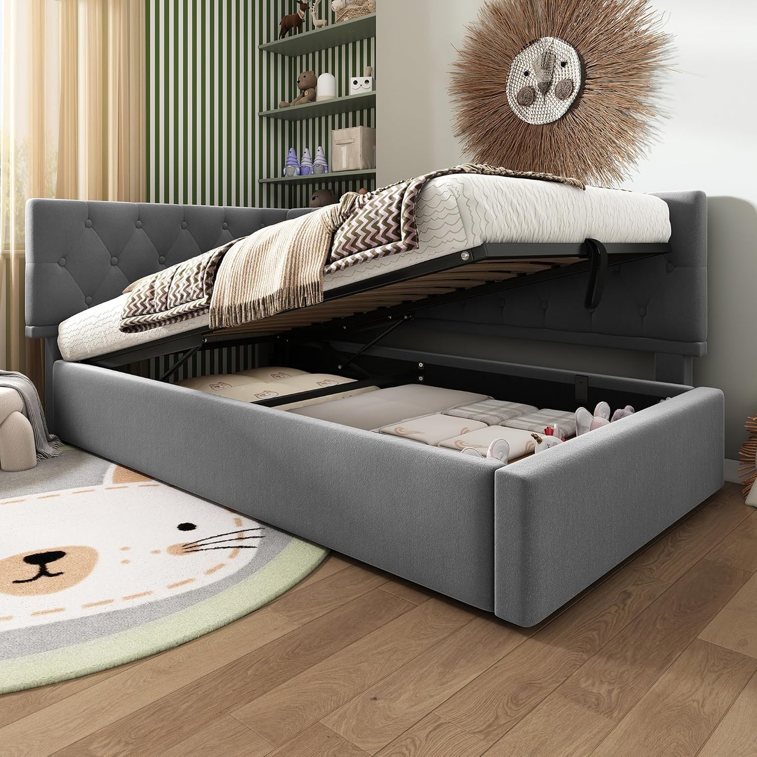 Polsterbett 90x190 cm, Einzelbett Tagesbett mit Hydraulischer Stauraum, Stauraumbett Kinderbett Jugendbett Daybett Gästebett Schlafsofa Bettgestell mit Lattenrost aus Holz, Ohne Matratze, Samt, Grau