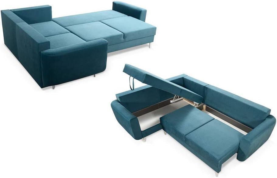 Robin Inspire Linda Ecksofa mit Schlaffunktion 2X Bettkasten Kissen Sofa L-Form Schlafsofa Freistehende Eckcouch Schlafcouch Wohnzimmermöbel Wohnlandschaft Rechts Azur