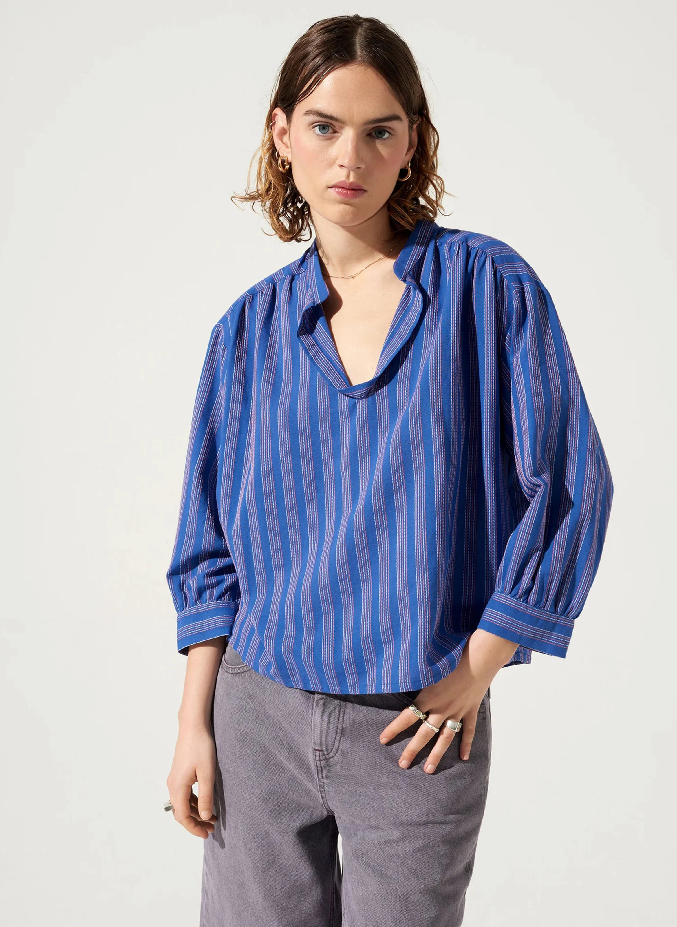ZOFIA - Blouse oversized rayée en coton mélangé | Bleu