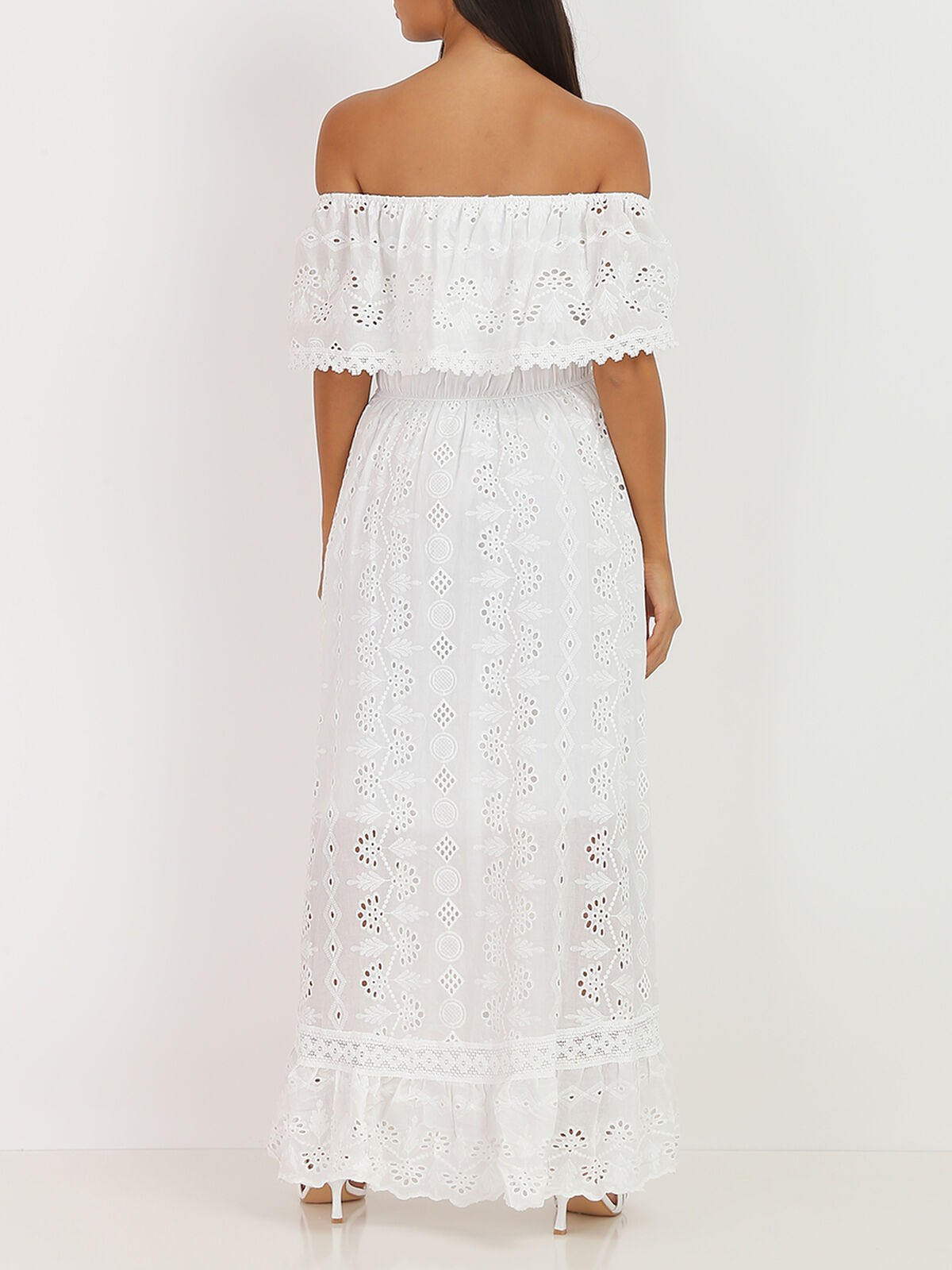 Robe asymétrique à col bardot- Blanc