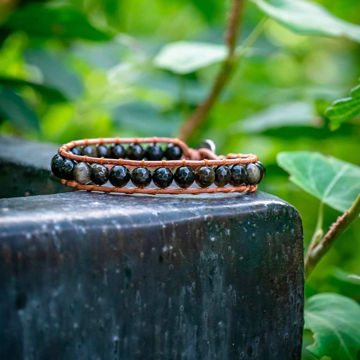 Bracelet Facelia en pierres naturelles Obsidienne et cuir véritable