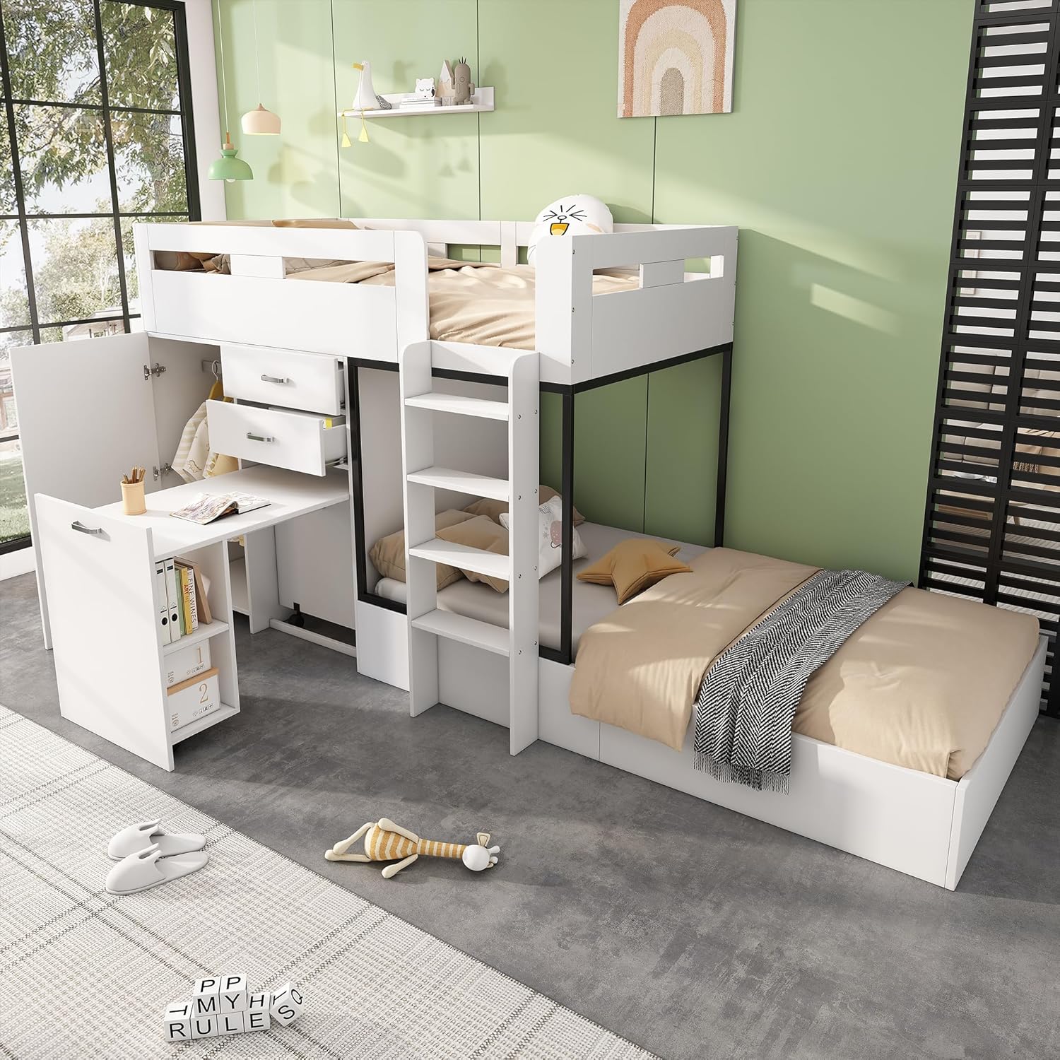 Kinderbett 90x200 cm, Hochbett für 2 Kinder, Etagenbett mit Ausziehbarer Schreibtisch, Kleiderschrank, Bücherregal, Schubladen und Trittleitern, Funktionsbett Stockbett Jugendbett, Weiß,ohne Matratze AQ2369632