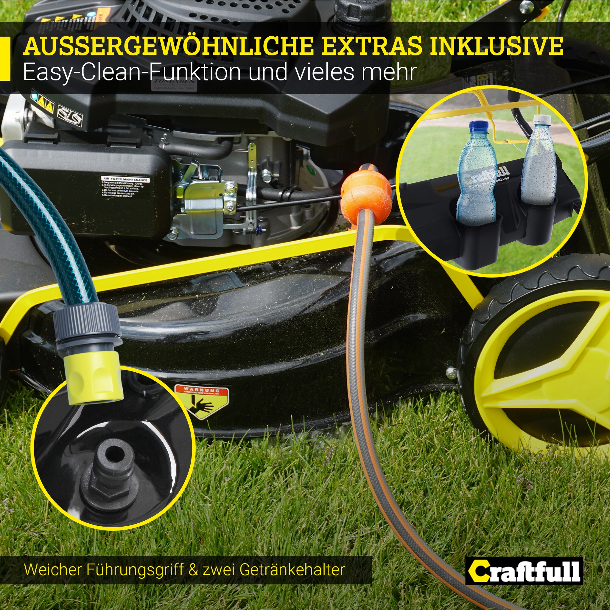 Craftfull Premium Benzin-Rasenmäher CR-196-10, 5in1, GT-Markengetriebe, 196cc-Motor, 4,4 kW, Euro 5 (Schwarz/Gelb)
