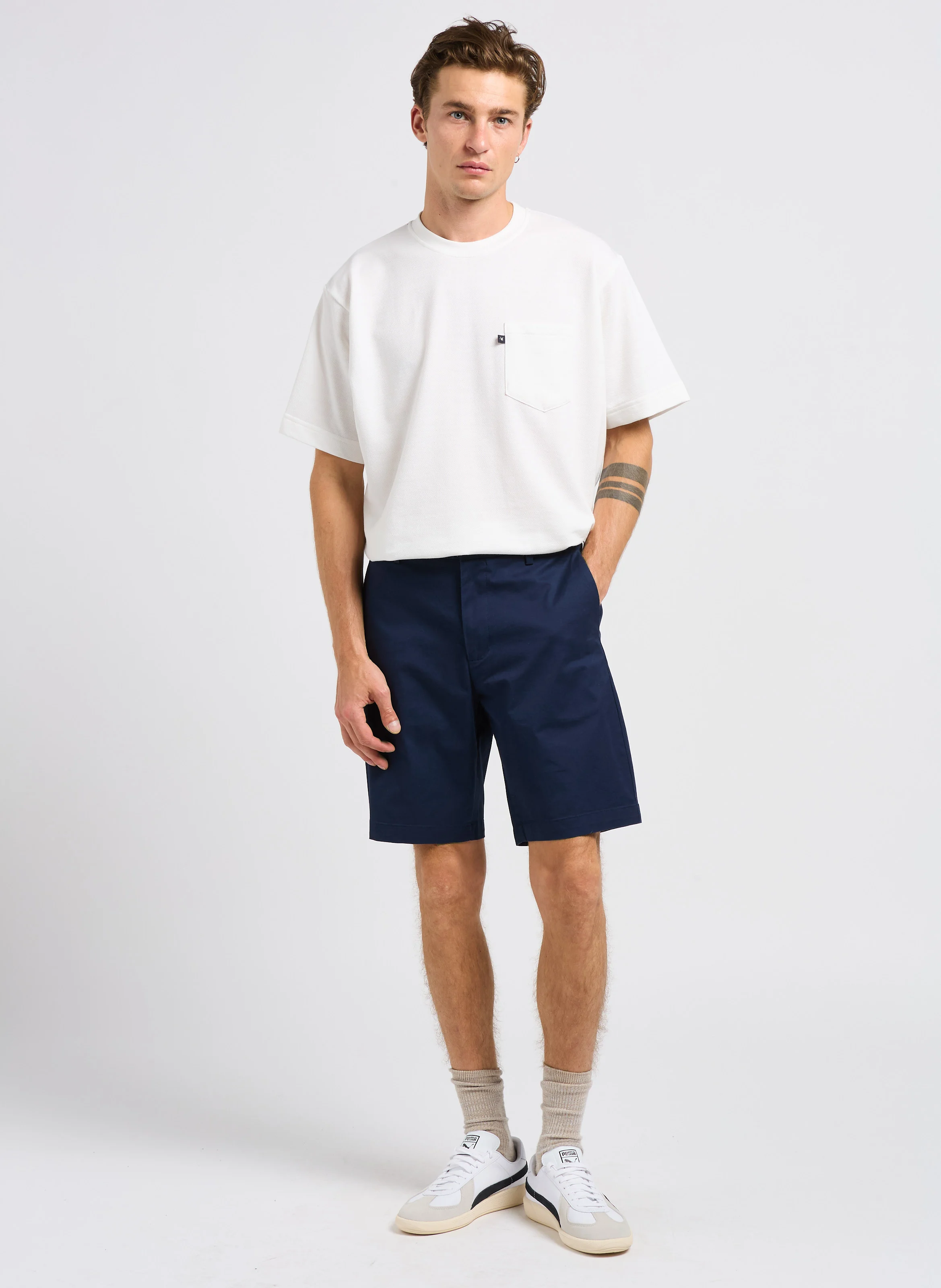 Short chino slim-fit en coton mélangé | Bleu