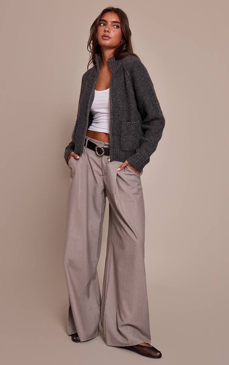 Gris Foncé Cardigan En Maille Zippé Avec Détail De Poches