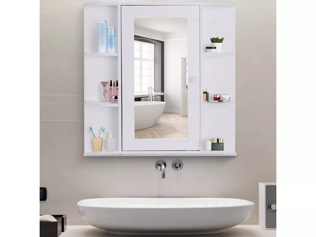 Armoire murale salle de bain armoire à glace placard de rangement toilettes 1 porte + étagères latérales MDF blanc