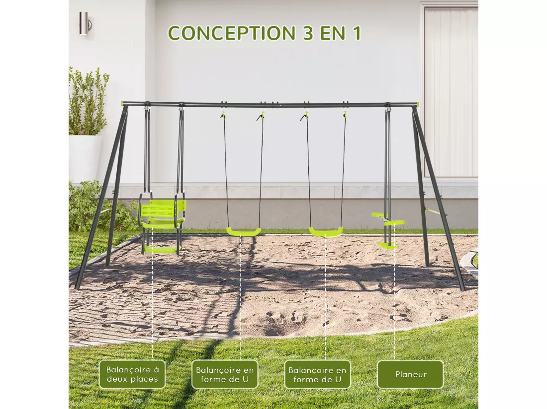 Balançoire 4 agrès portique avec 2 balançoires et 2 face à face dim. 3,55L x 1,84l x 1,86H m acier époxy gris PE vert