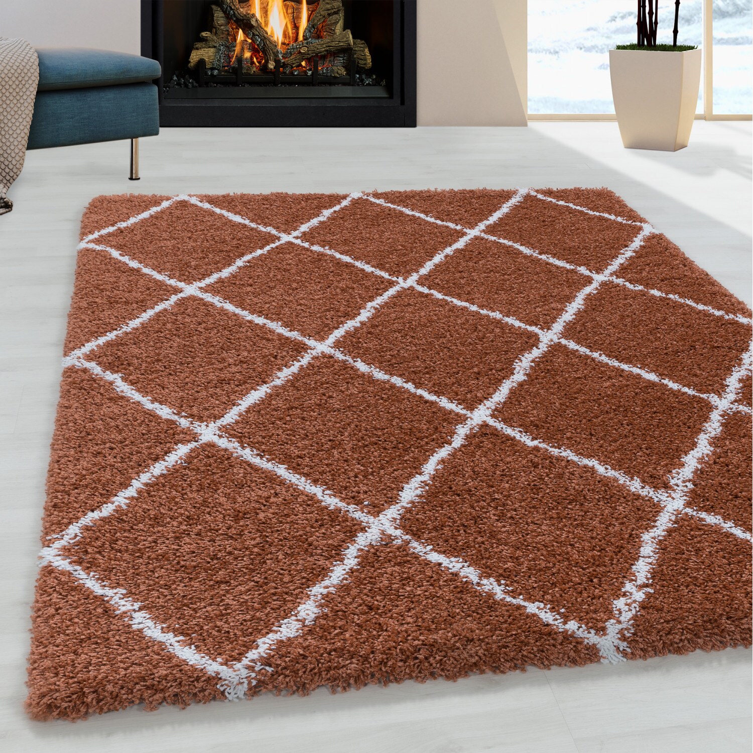 Moderner Hochflor Teppich, Skandinavischer Stil mit Rautenmuster, Shaggy Teppich