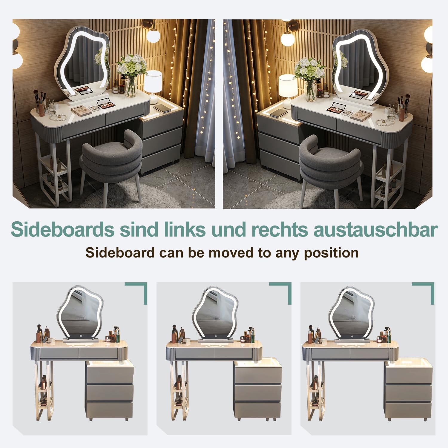Schminktisch Mit Beleuchtung Und Hocker,Moderner Frisiertisch Mit Kabelloser Aufladung,Bluetooth-Audio,Schminktisch Mit Spiegel,3 Farben,Für Das Schlafzimmer (Graues Schminktisch-Set)