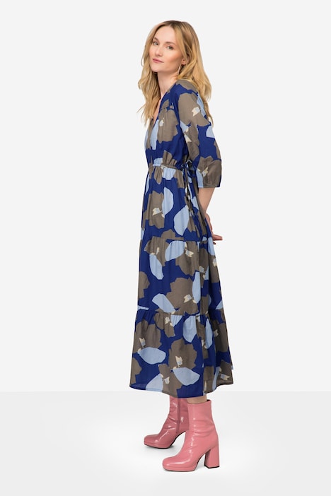 Kleid, Blüten Print, Stehkragen, 3/4-Ärmel