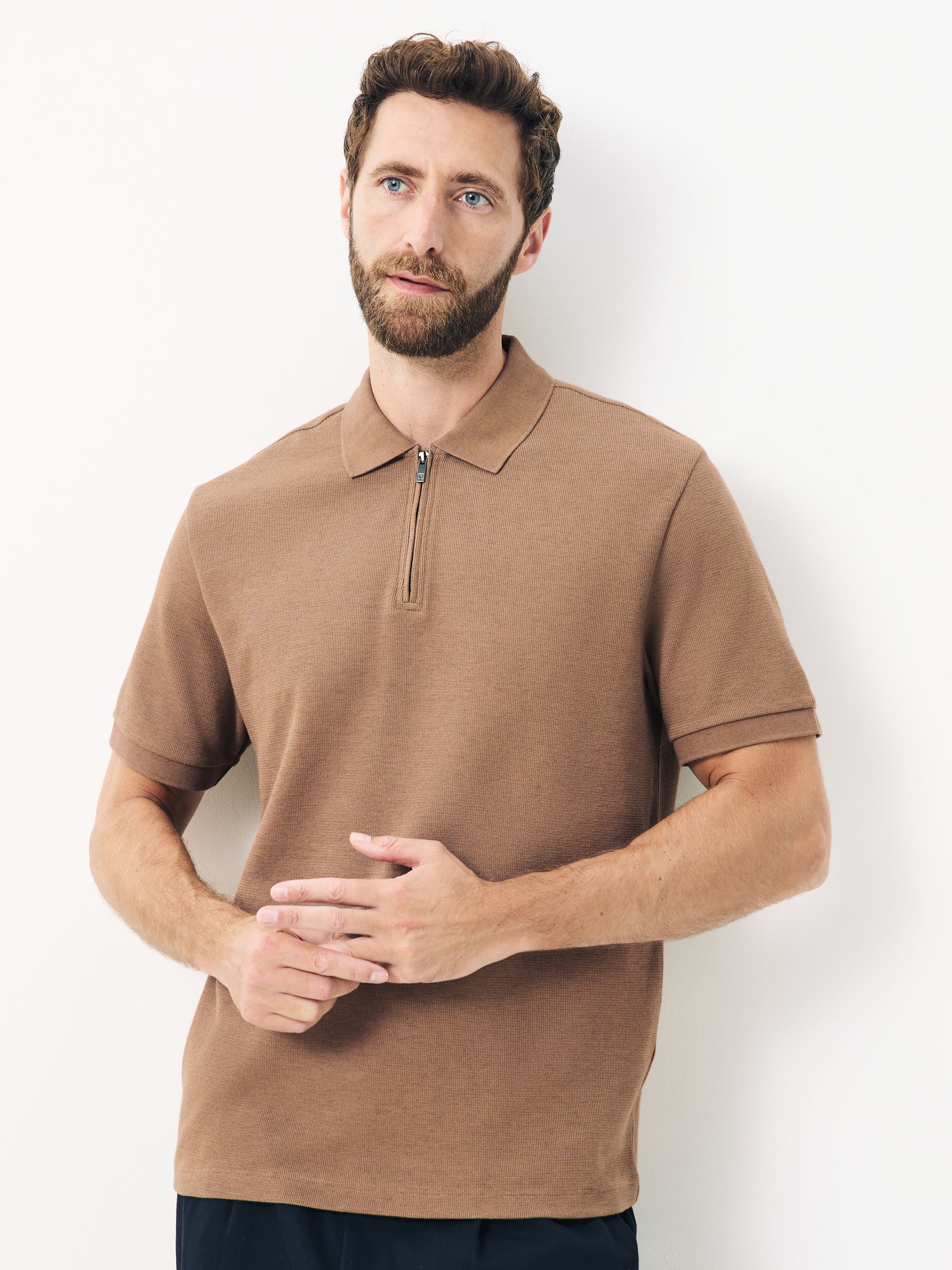 Naturel bruin - Smart poloshirt met textuur en rits