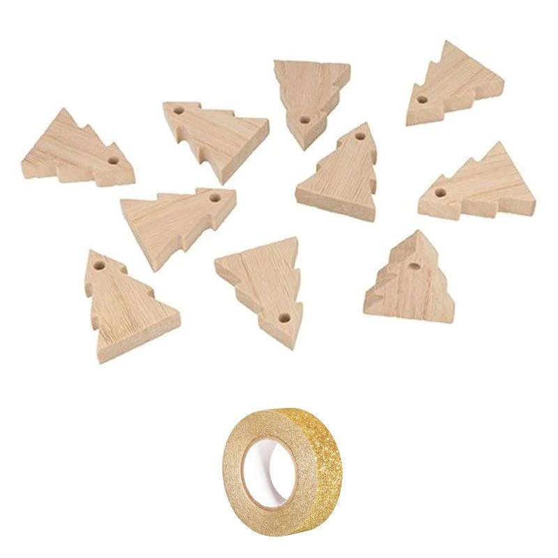 Guirlande de Noël 10 sapins bois 5 cm + masking tape doré à paillettes